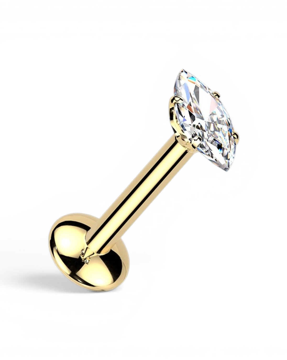 Gold flat back stud earring with marquise-cut stone detail