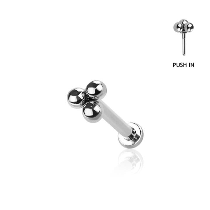 Silver stud earring with flat back, with a three bead design