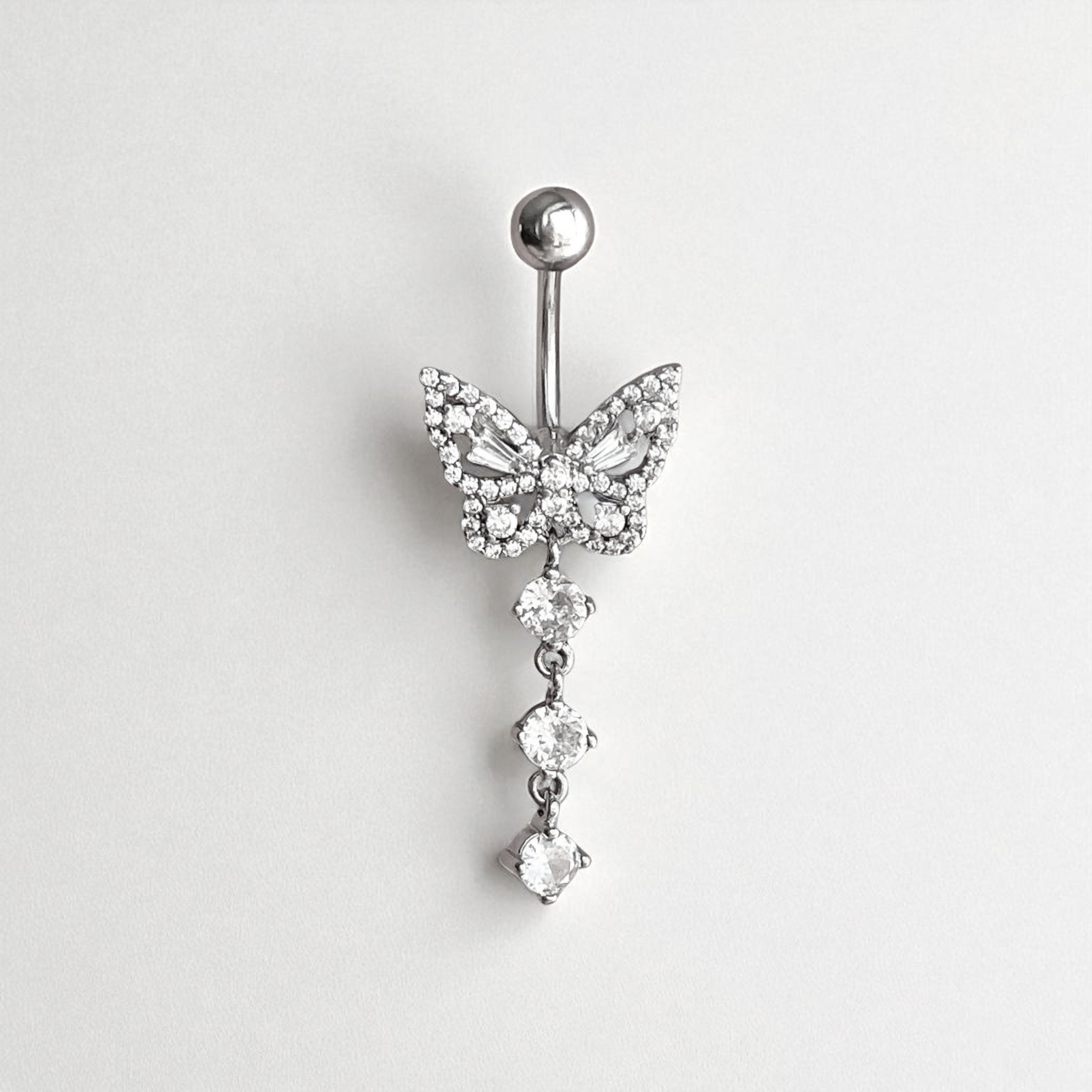 Silver butterfly belly button ring with clear crystals