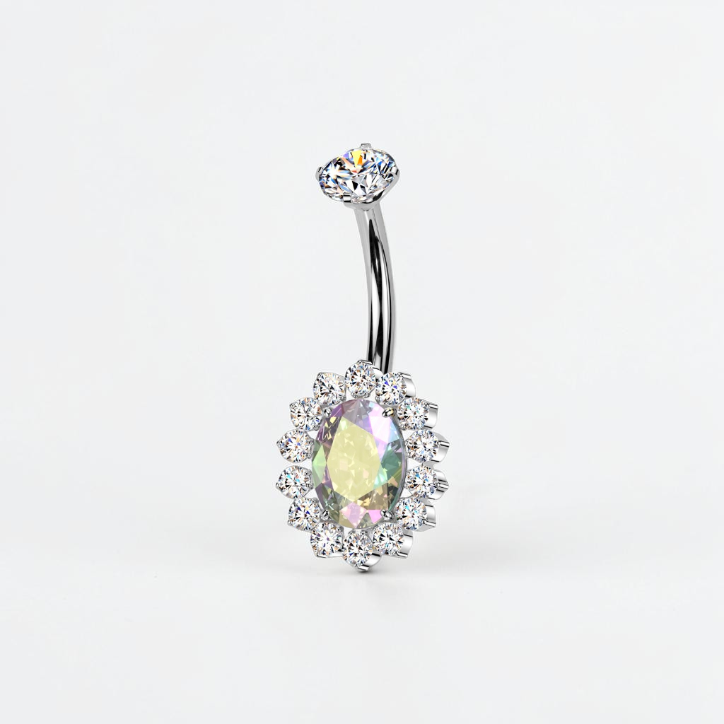 Titanium belly button ring with oval aurora CZ and halo setting, internally threaded navel piercing