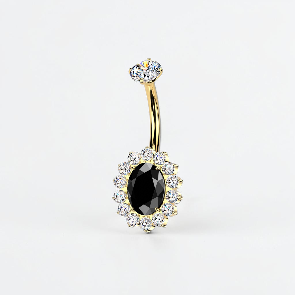 Gold titanium belly button ring with oval black CZ and halo design, internally threaded navel jewelry