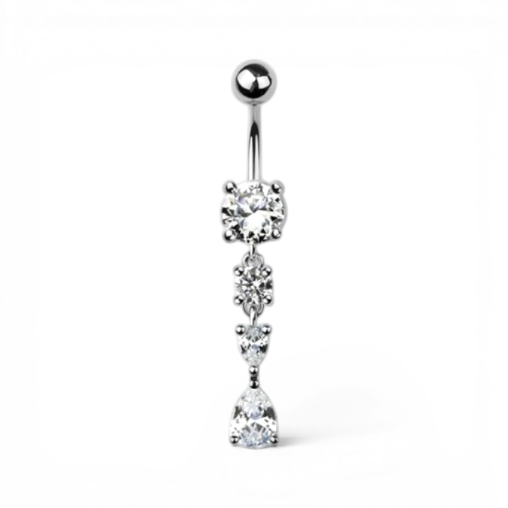 Gold belly button ring with dangling CZ stones in teardrop shapes