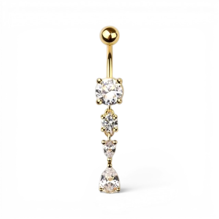 Gold belly button ring with dangling CZ stones in teardrop shapes