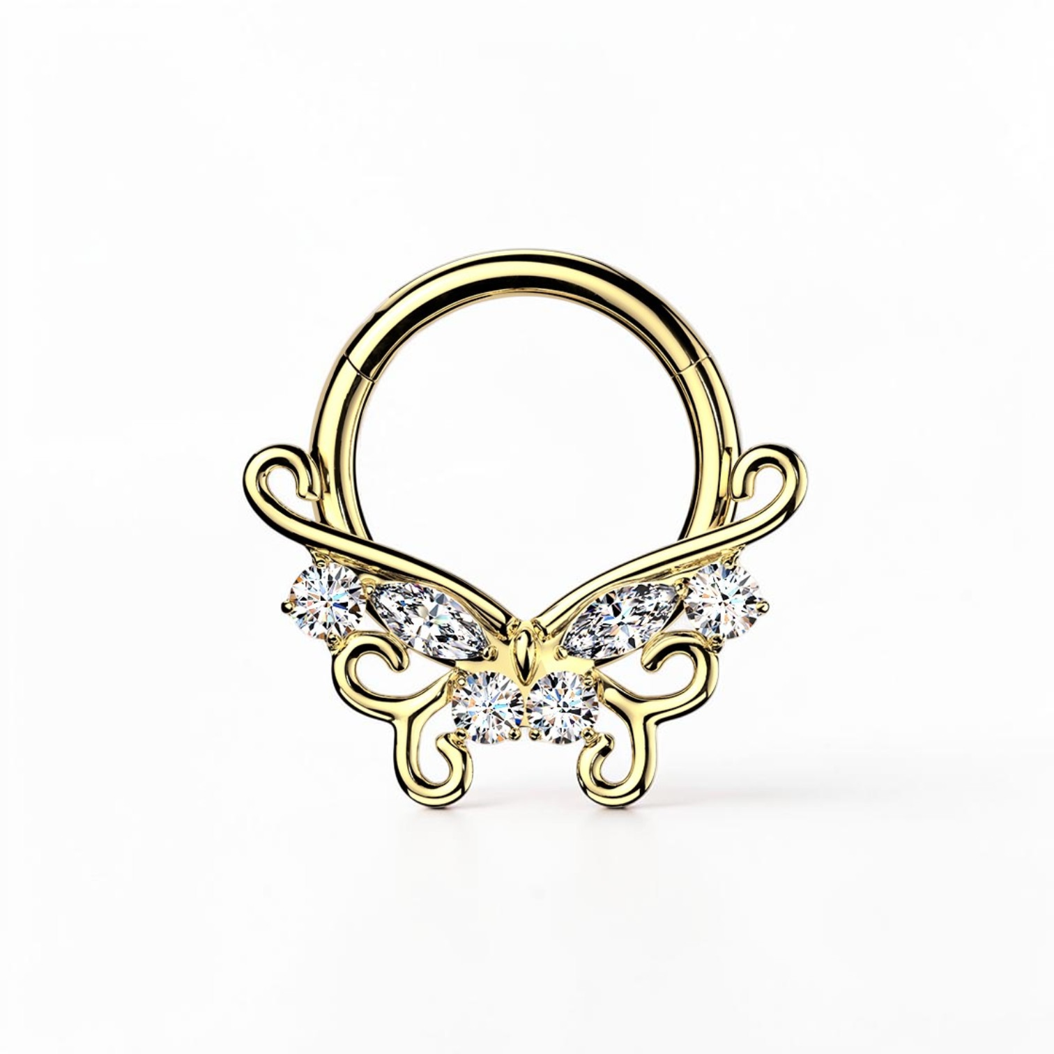 Titanium daith earring with ornate CZ design, marquise and round stones, and hinged clicker closure