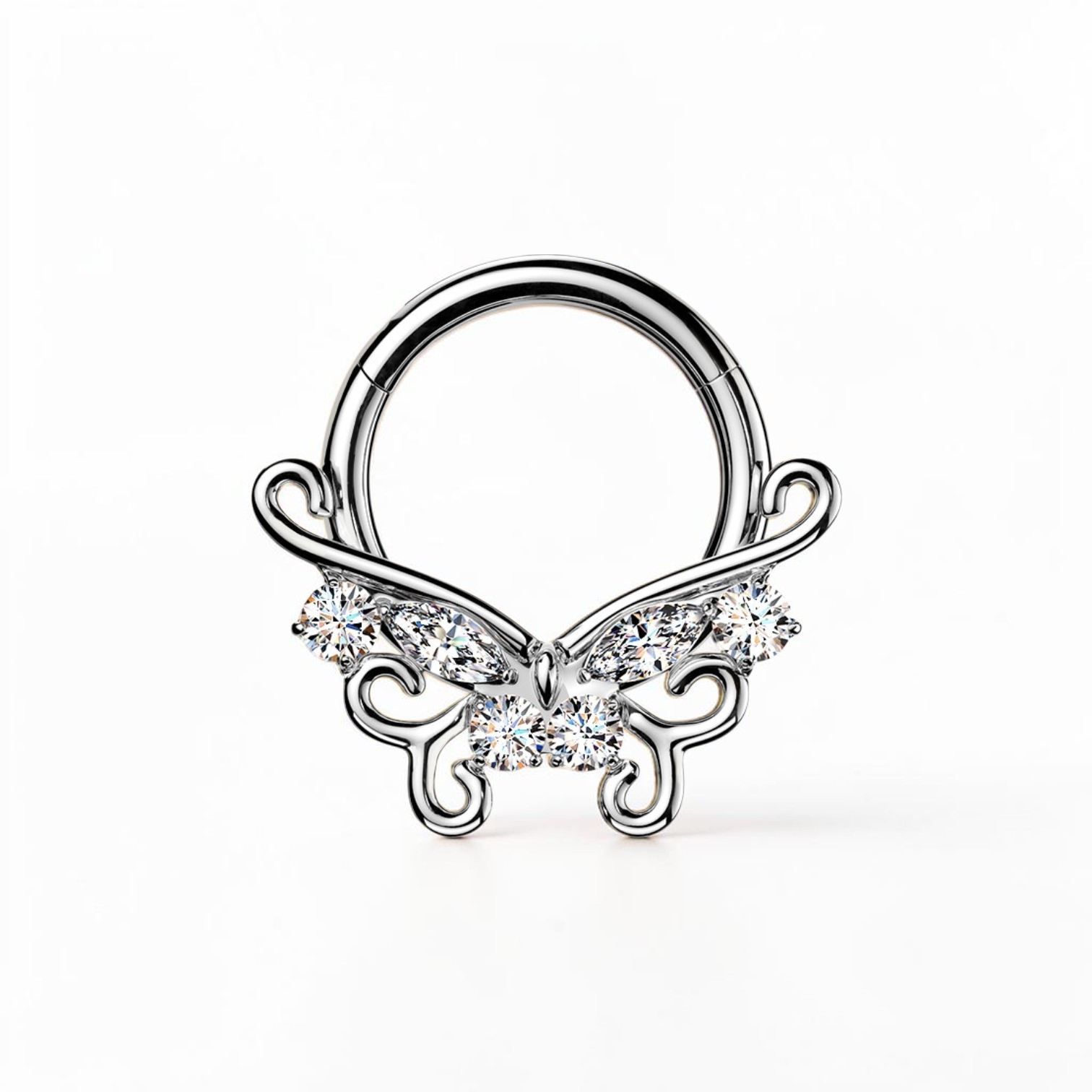 Titanium septum ring with intricate CZ design, marquise and round stones, and hinged clicker closure
