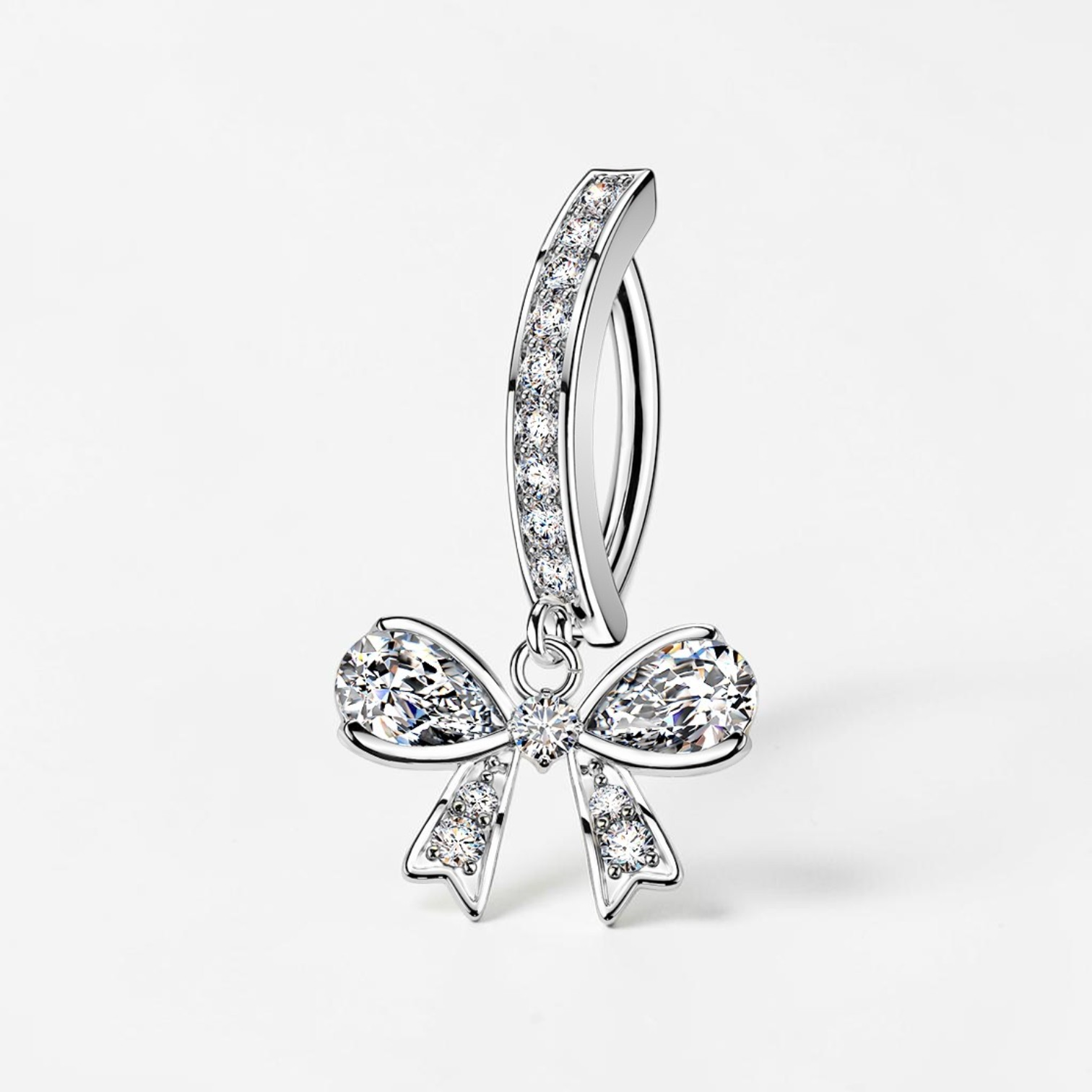 Surgical steel belly button ring with pavé CZ hoop and dangling bow charm