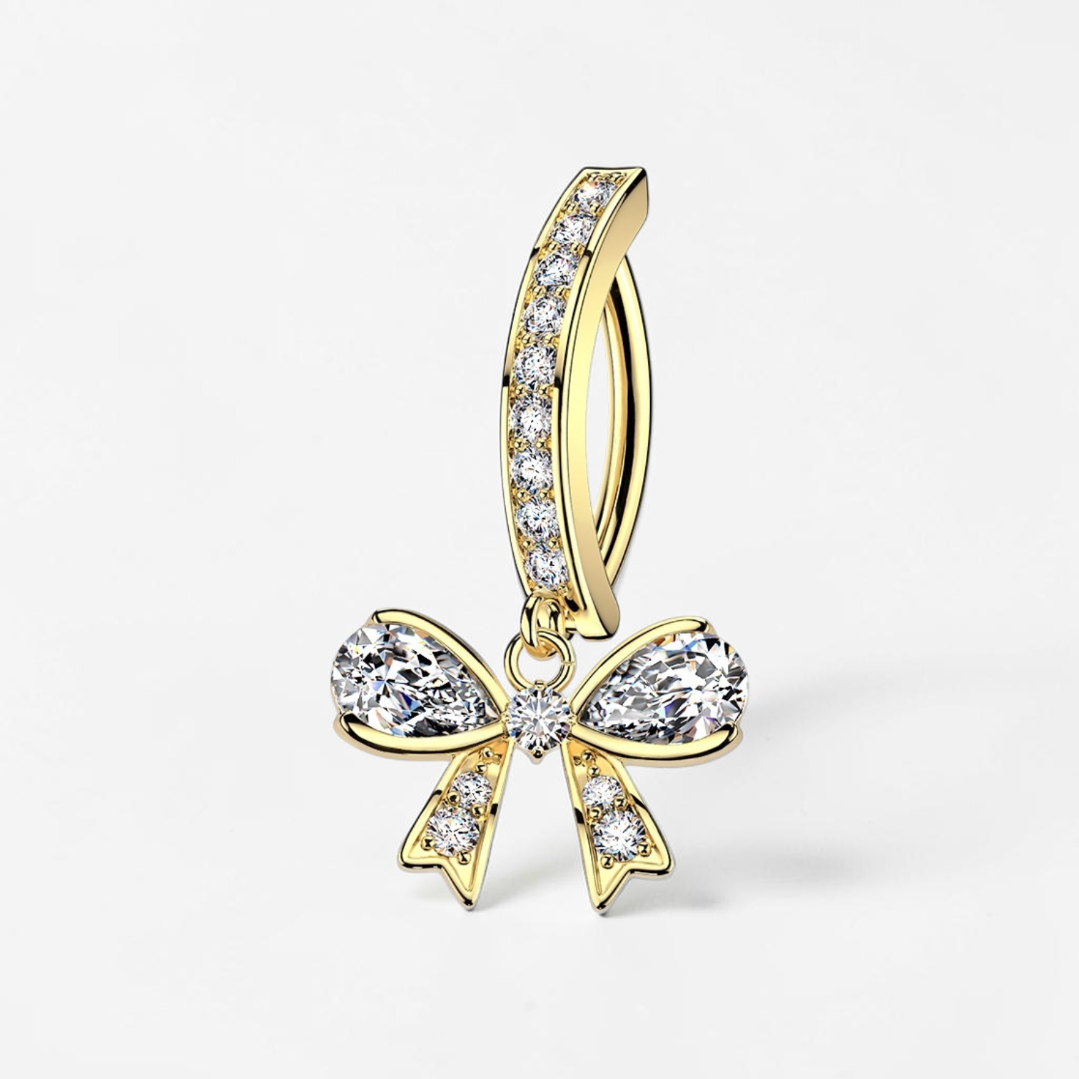 Surgical steel belly button ring with pavé CZ hoop and dangling bow charm