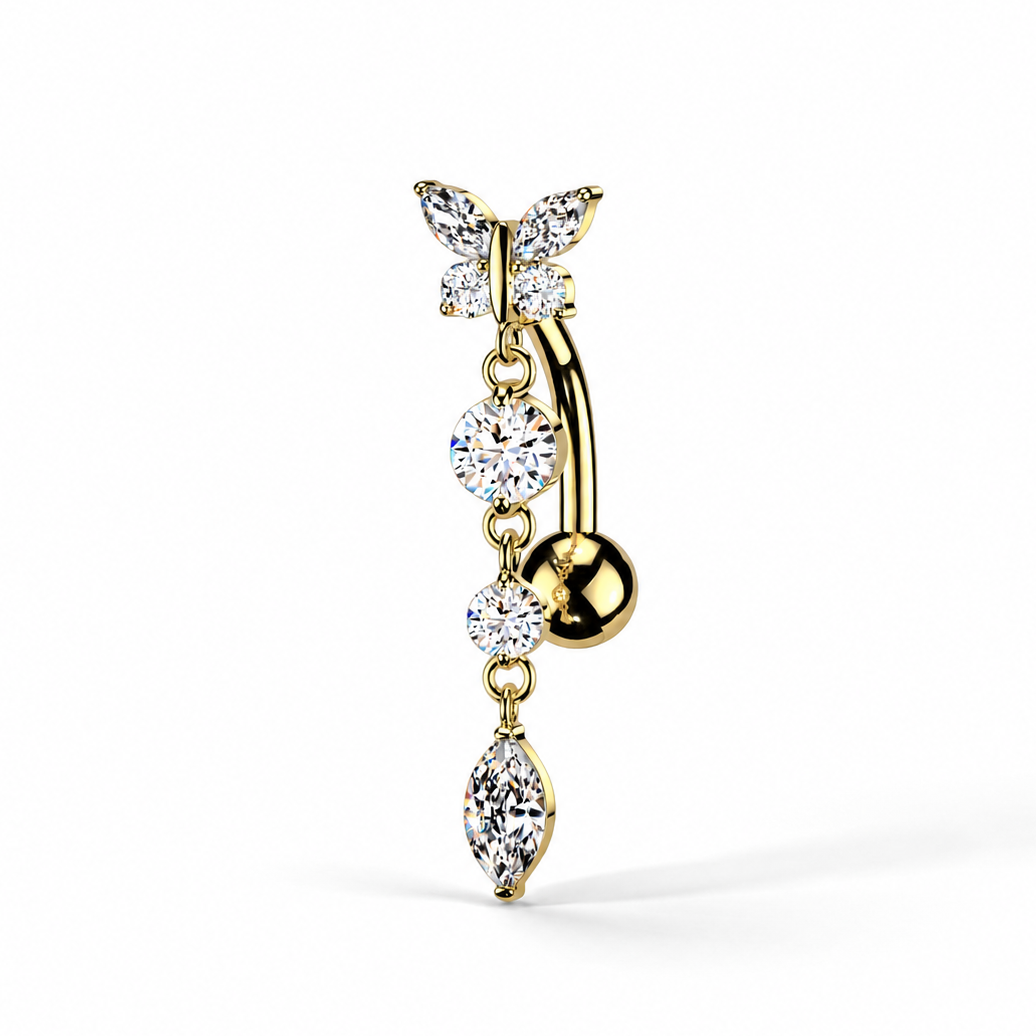 Gold top down belly button ring with butterfly-inspired marquise and round CZ stones, cascading dangling accents, and elegant curved design.
