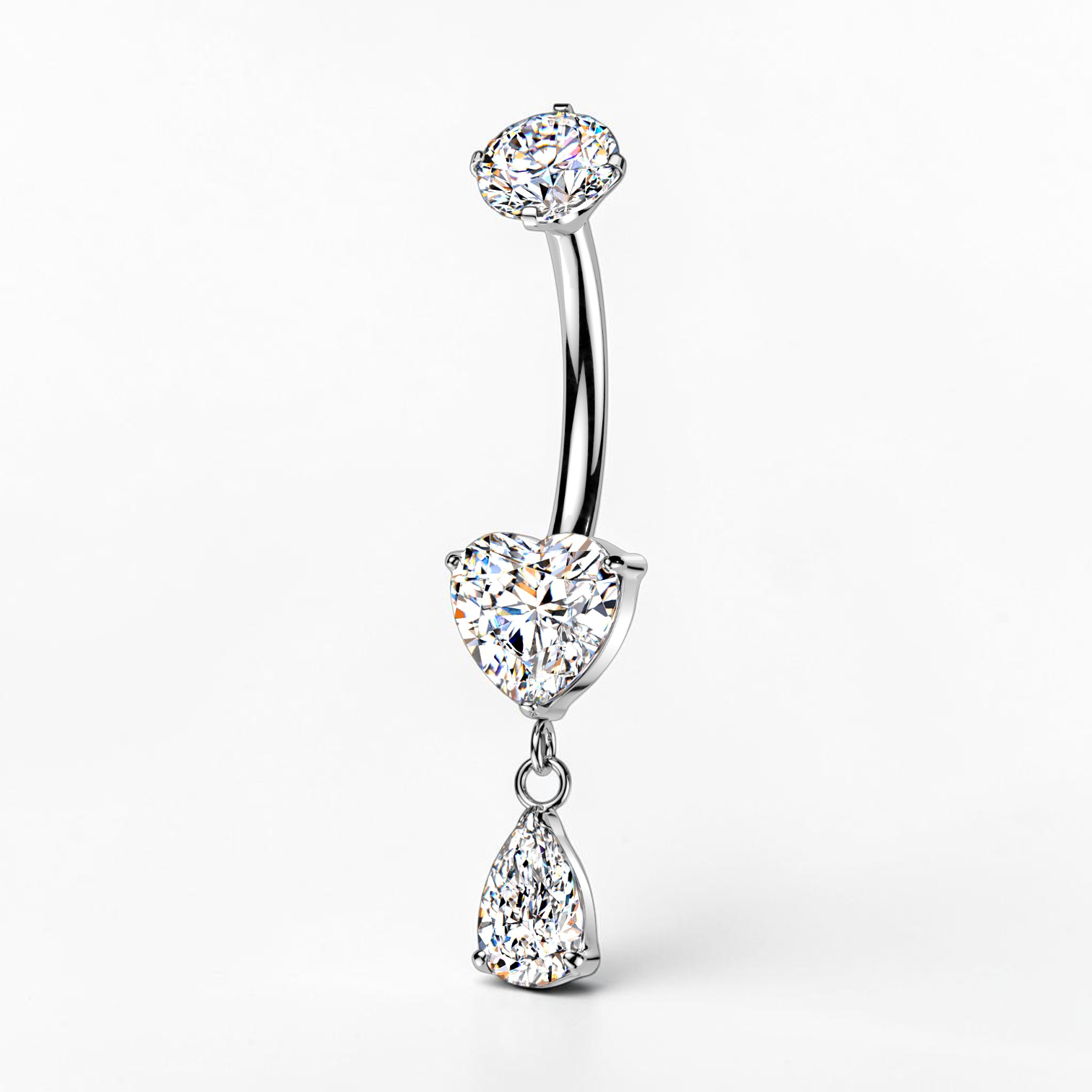 Titanium belly button ring with heart-shaped CZ and dangling teardrop stone