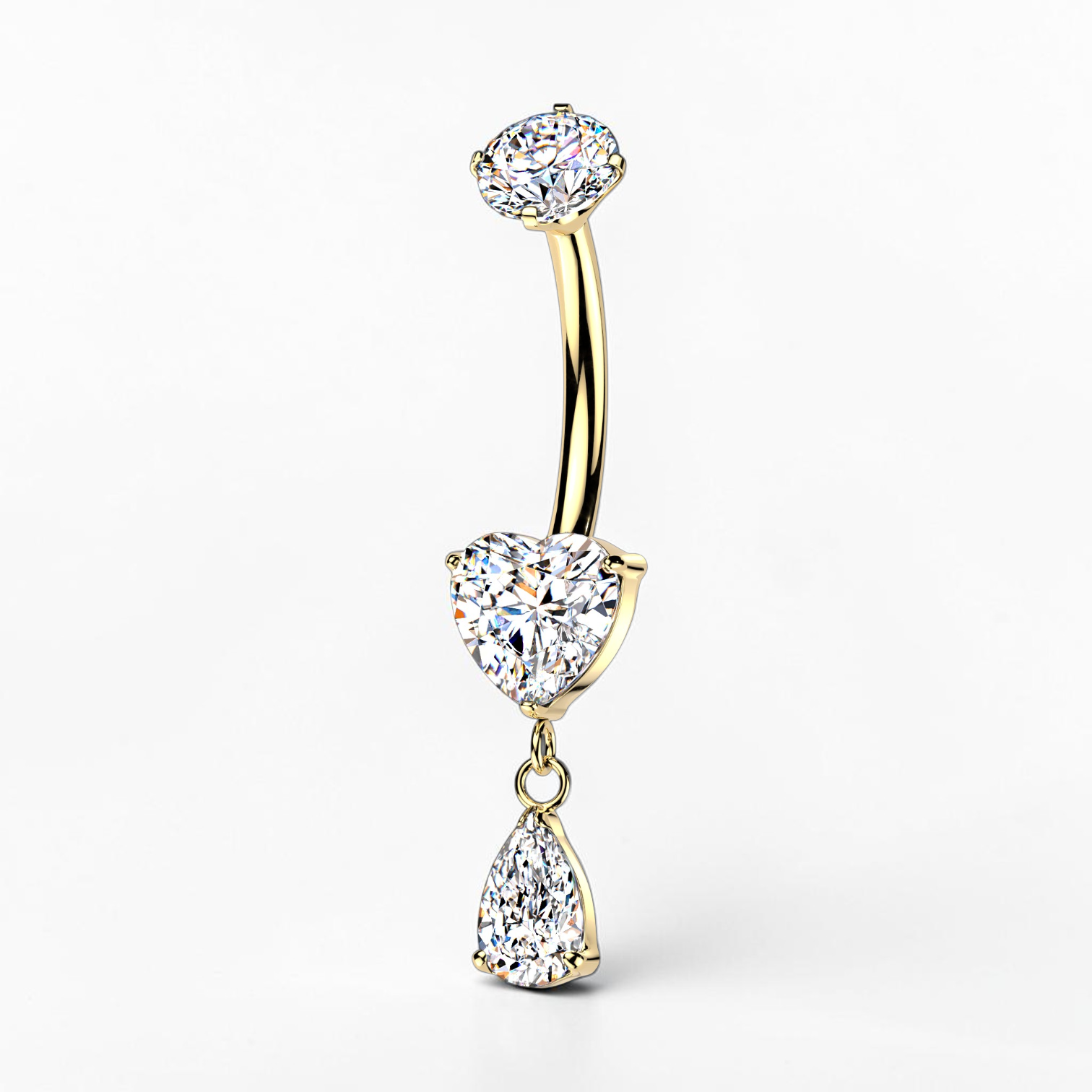 Titanium belly button ring with heart-shaped CZ and dangling teardrop stone