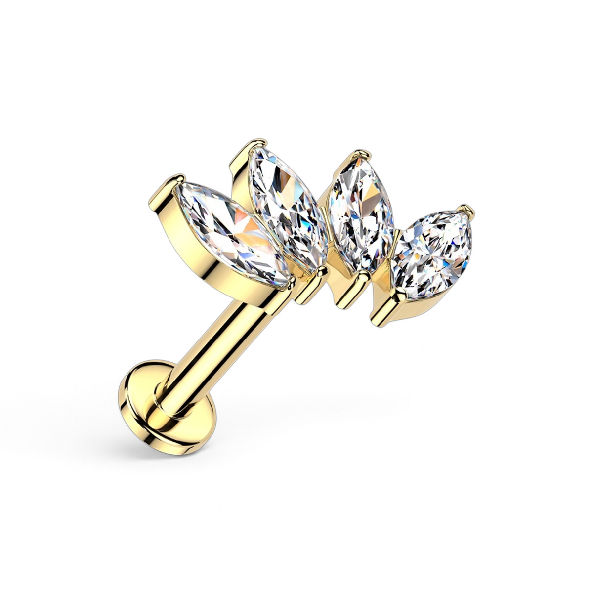 Gold flat back stud earring, with four marquise clear CZ stones in a fan design.