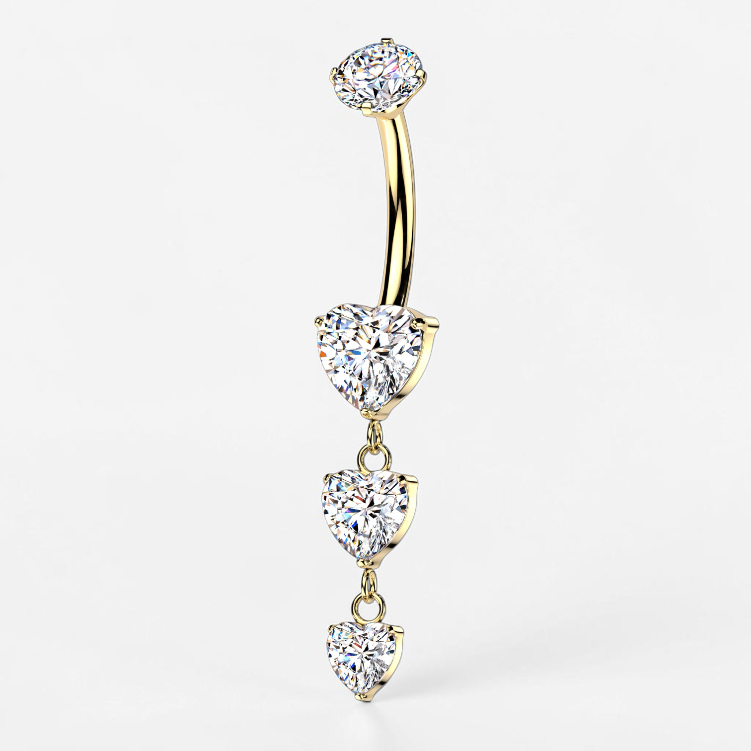 Titanium belly button ring with cascading heart-shaped CZ stones and internally threaded design