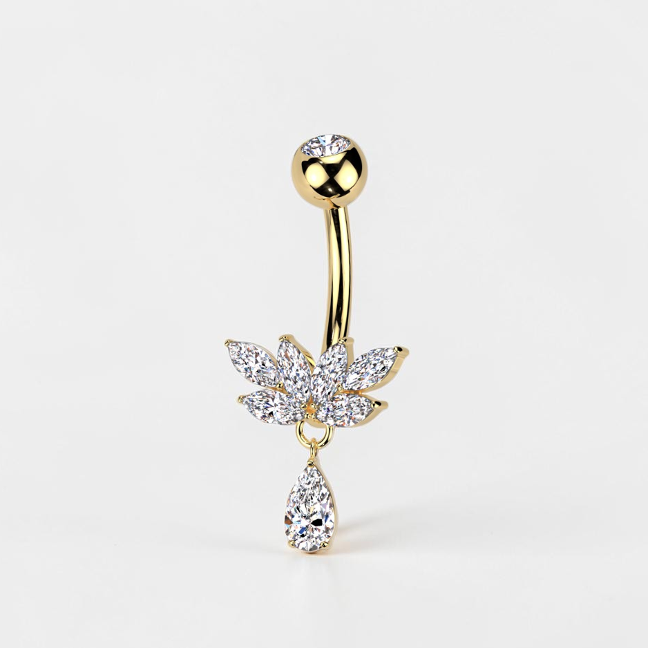 Titanium belly button ring with marquise CZ cluster and teardrop dangle, dainty navel jewelry