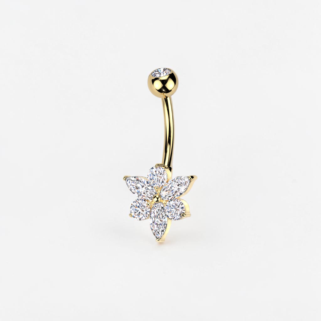 Implant-grade titanium flower belly button ring with cubic zirconia, 14G navel piercing