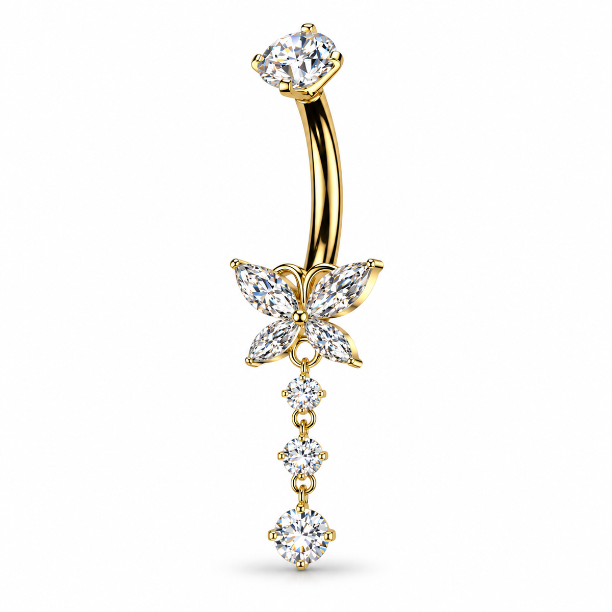 A 14k solid yellow gold belly button ring with a round CZ top, and a CZ butterfly centerpiece, with three dangly round CZs beneath.