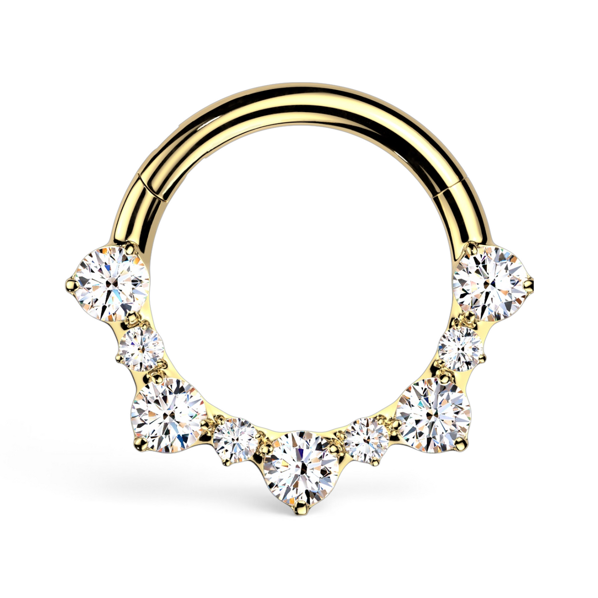 Gold daith clicker with arrangement of round-cut CZ stones sweeping along the lower curve of the hoop