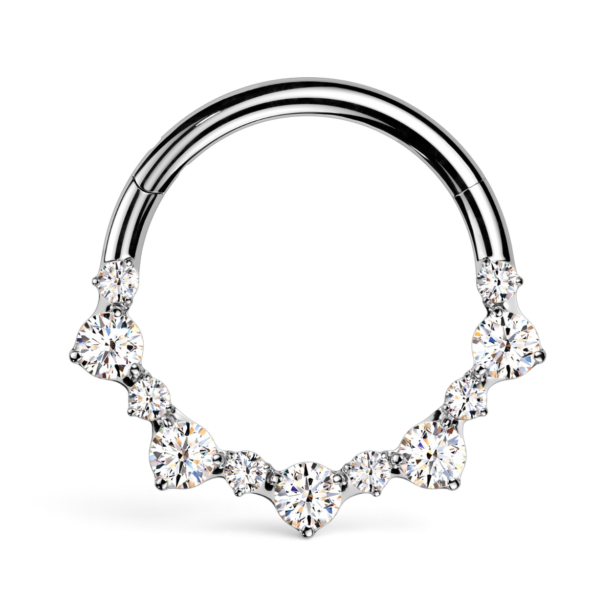 Silver daith clicker with arrangement of round-cut CZ stones sweeping along the lower curve of the hoop