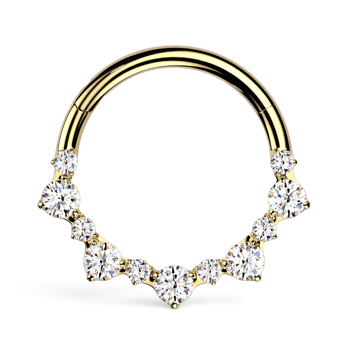 Gold daith clicker with arrangement of round-cut CZ stones sweeping along the lower curve of the hoop
