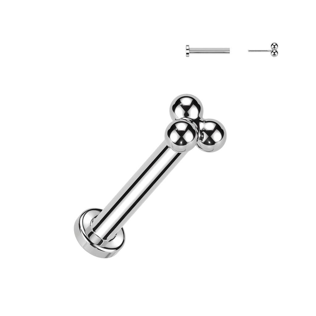 Silver stud earring with flat back, with a three bead design