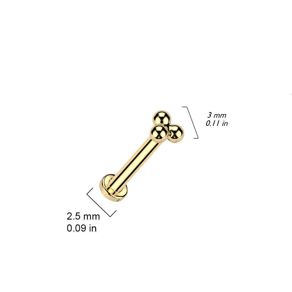 Gold stud earring with flat back, with a three bead design