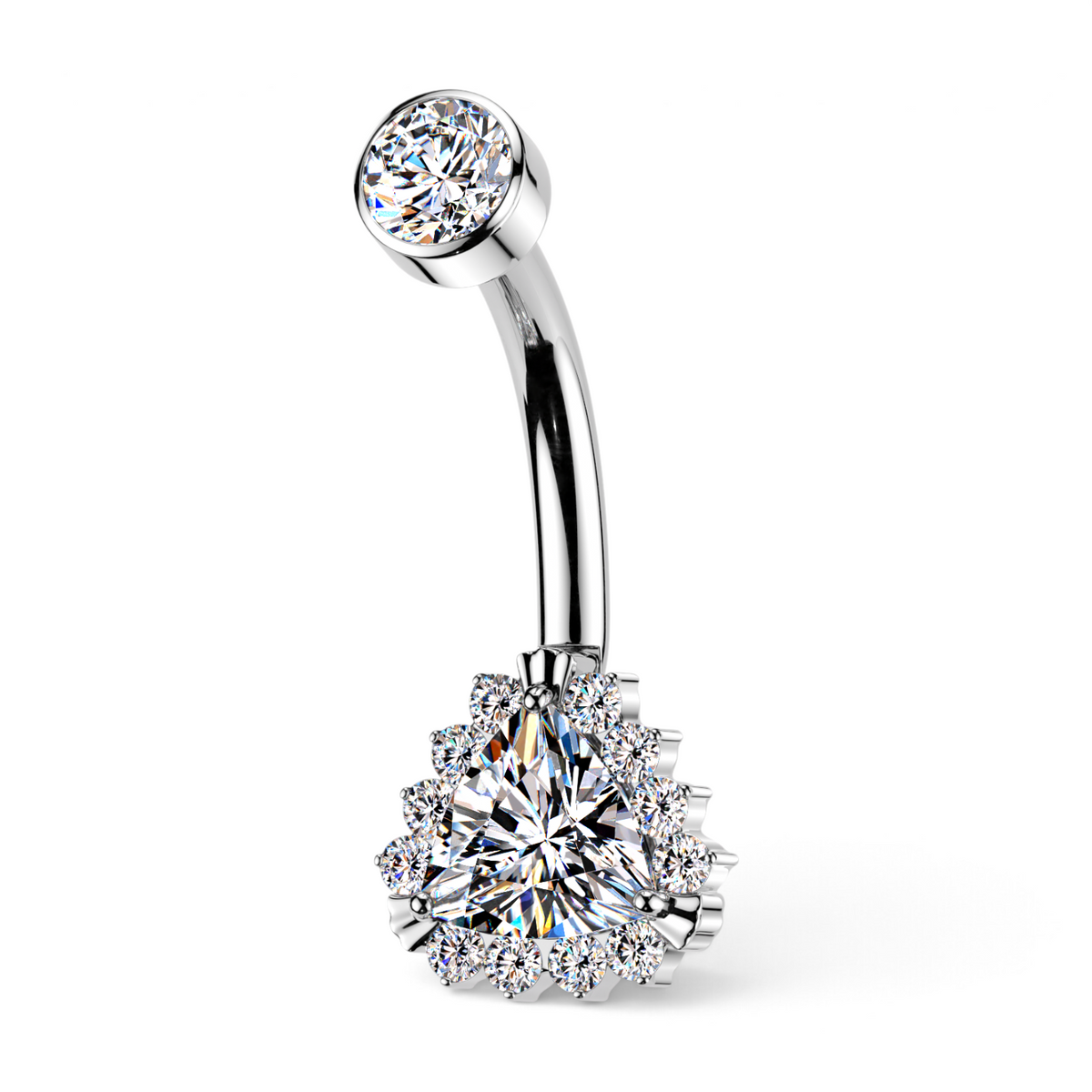 Ismerie titanium belly button ring in silver with a sparkling cubic zirconia center surrounded by a halo of round CZ stones.