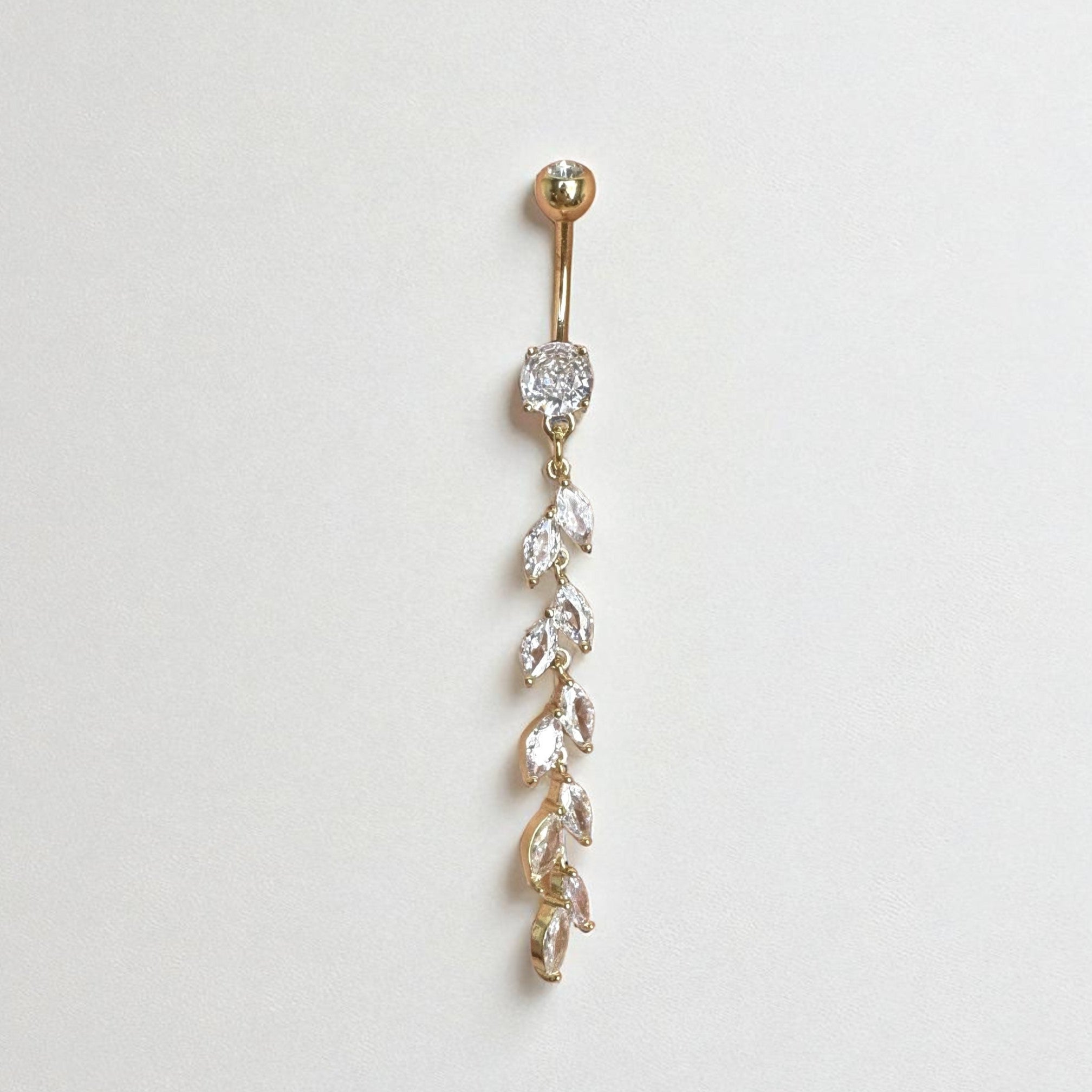 gold belly button ring with cascading crystal leaf charms