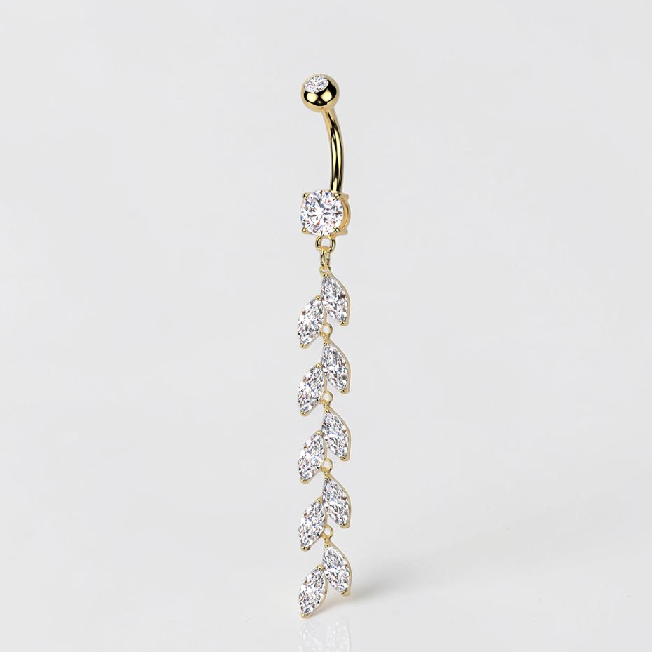 Gold vine leaf belly button ring with cubic zirconia dangle, nature-inspired navel piercing