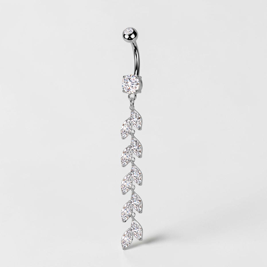 Silver vine leaf belly button ring with cubic zirconia dangle, nature-inspired navel piercing