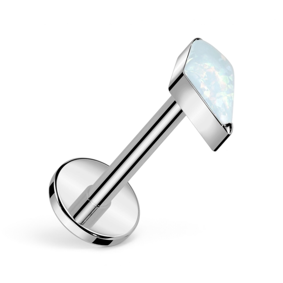 Flat back stud with kite-cut faux opal, in silver titanium.