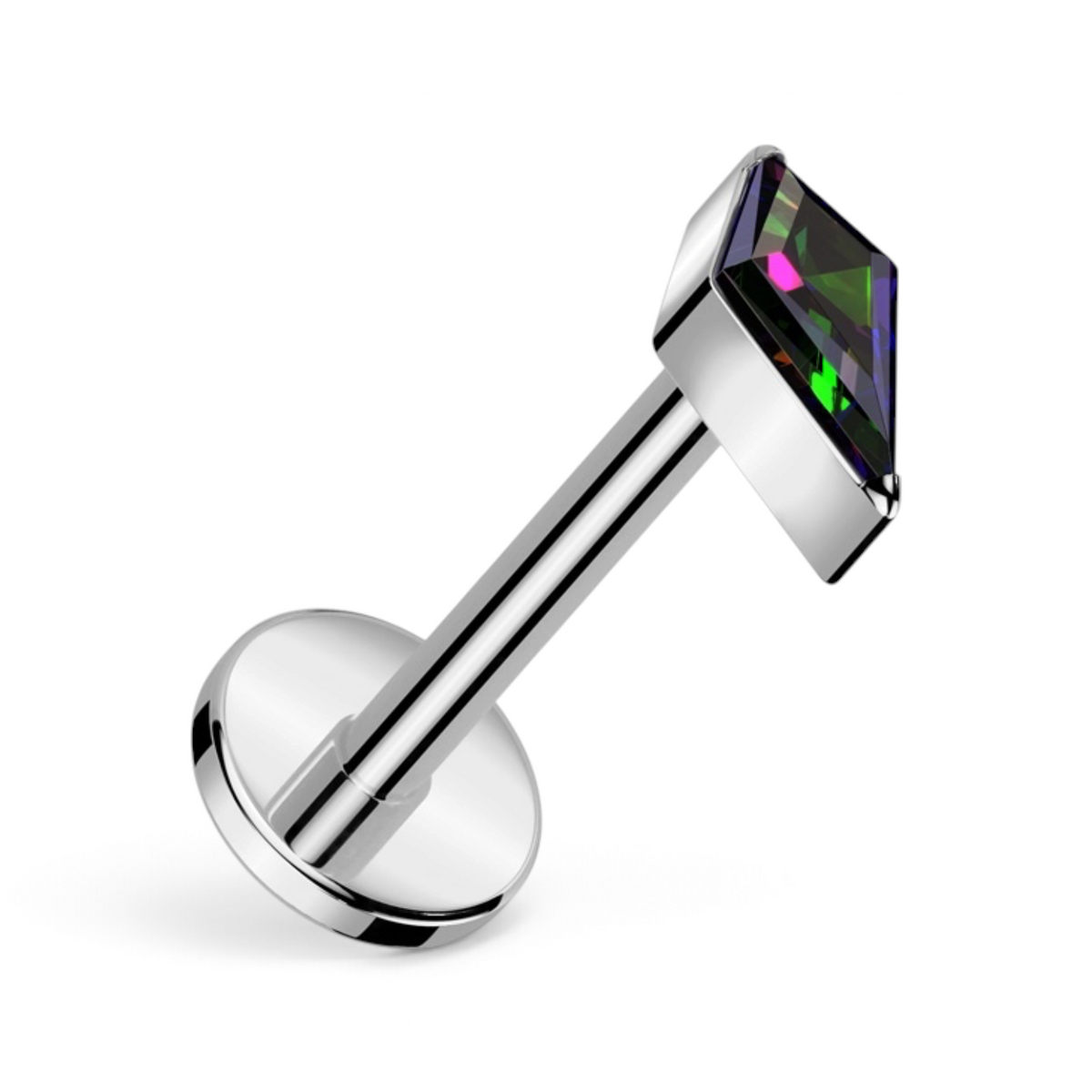 Flat back stud with kite-cut CZ in a dark aurora/color shifting color, in silver titanium.