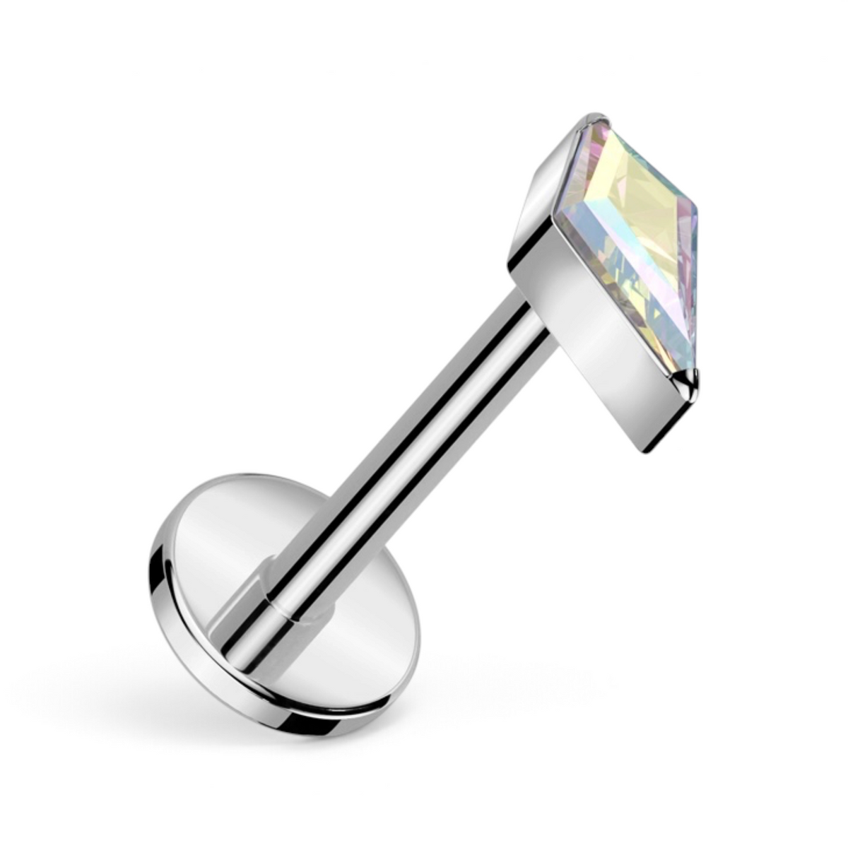 Flat back stud with kite-cut aurora colored CZ, in silver titanium.