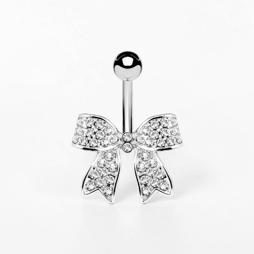 Bow belly button ring with cubic zirconia crystals, dainty sparkling navel piercing jewelry