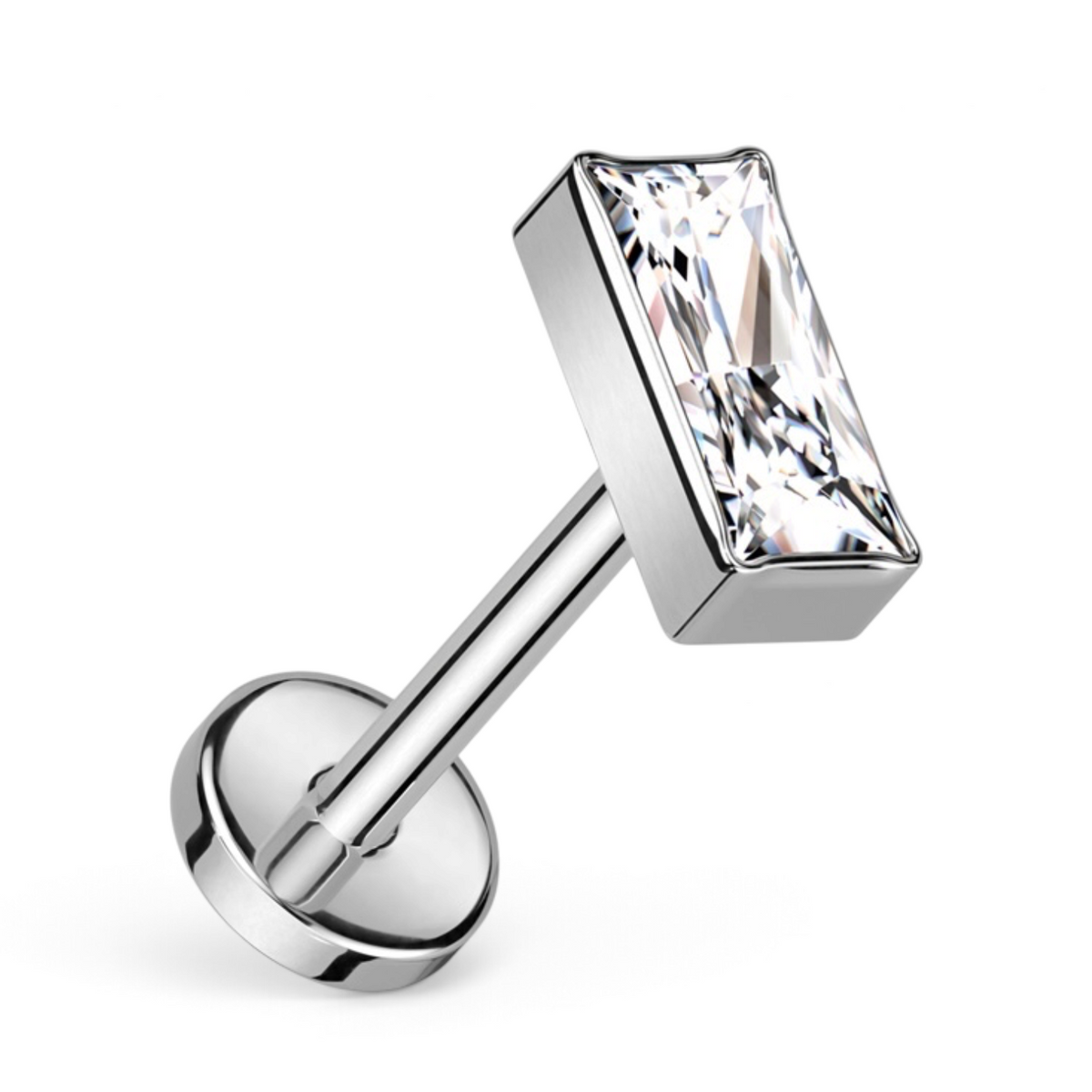 Flat back stud with rectangular CZ stone, in silver titanium.