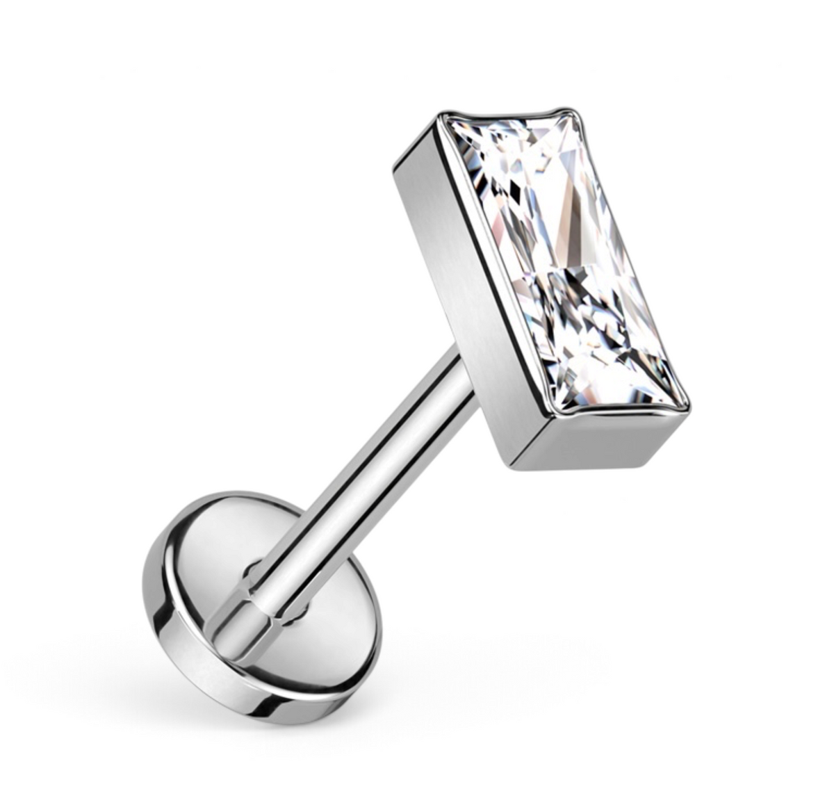 Flat back stud with rectangular CZ stone, in silver titanium.