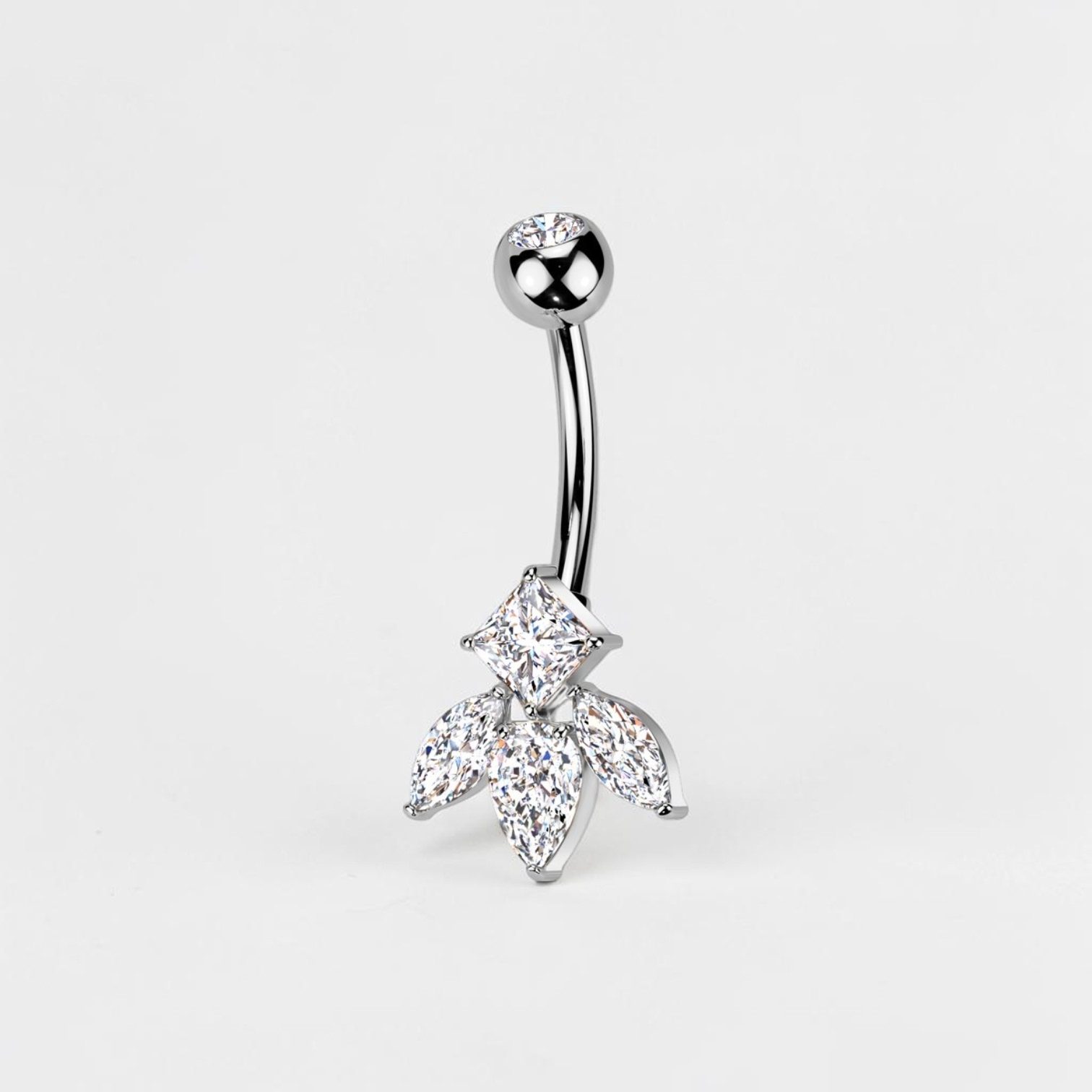 Implant-grade titanium belly button ring with CZ crystal cluster in silver finish, dainty navel piercing jewelry