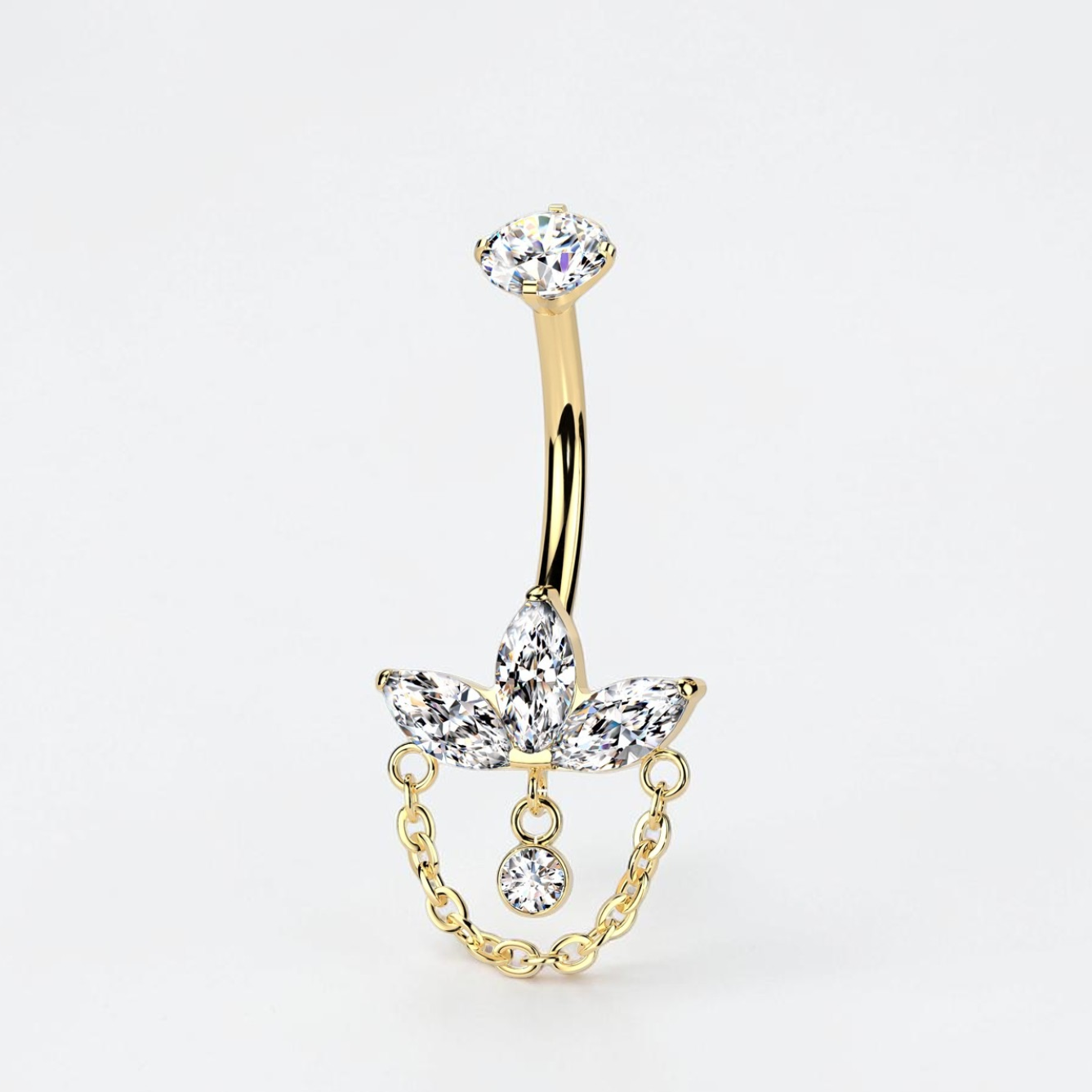 Internally threaded titanium belly ring with marquise cubic zirconia and dangling chain