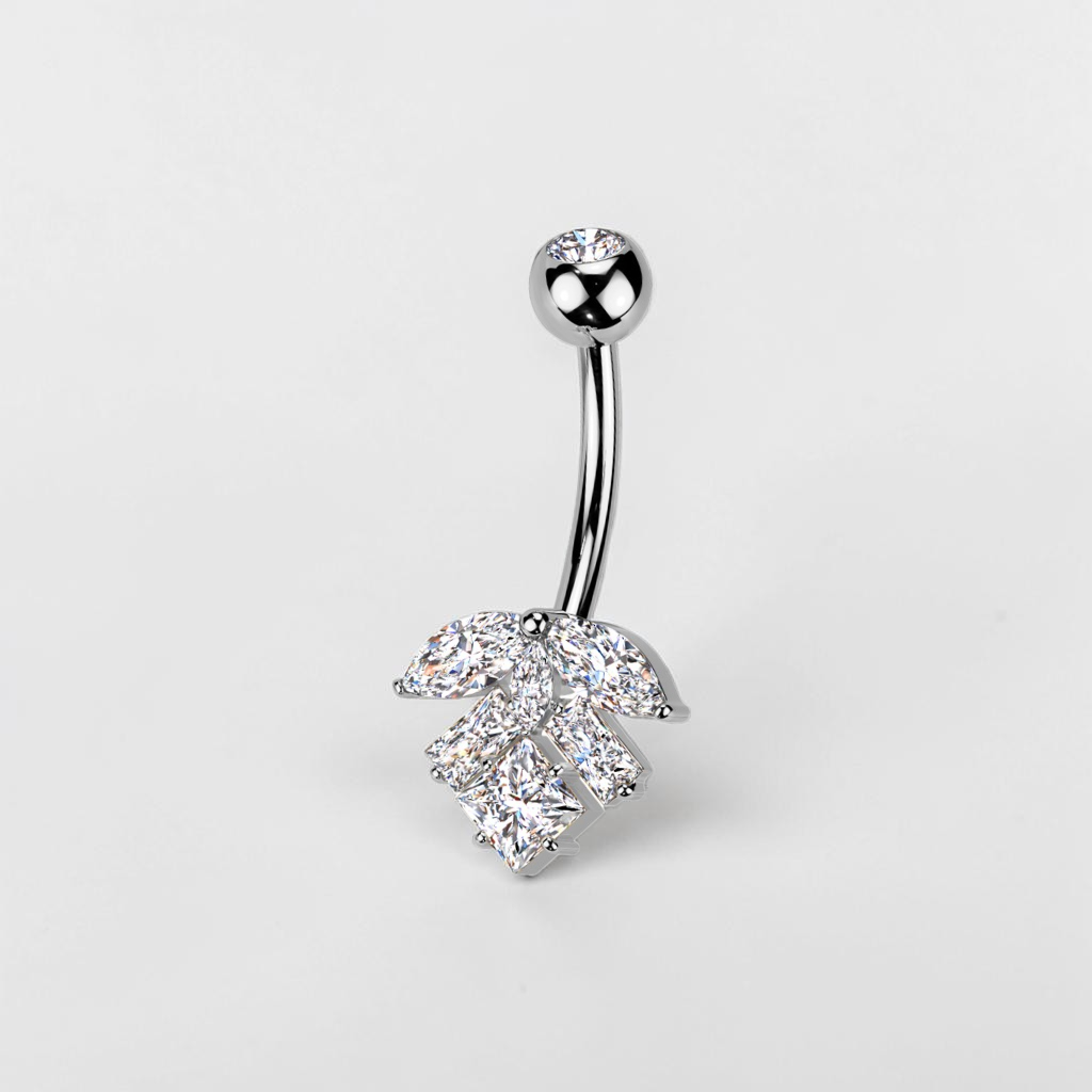 Titanium leaf belly button ring with cubic zirconia, dainty navel piercing jewelry