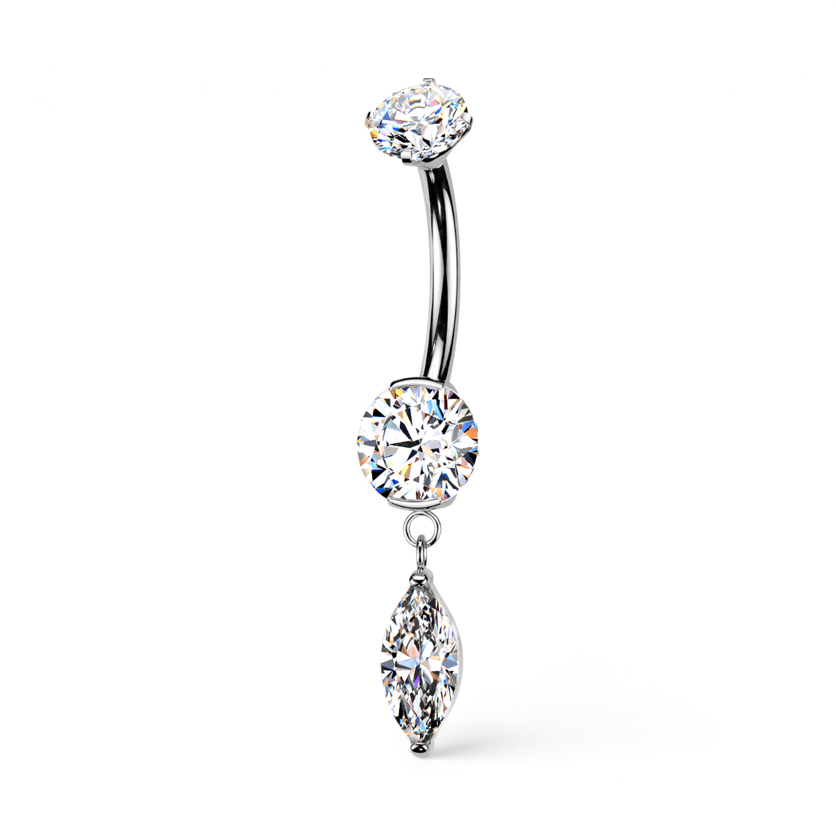Ondelle internally threaded titanium belly button ring in silver with sparkling round CZ stones and a dangling marquise-cut crystal.