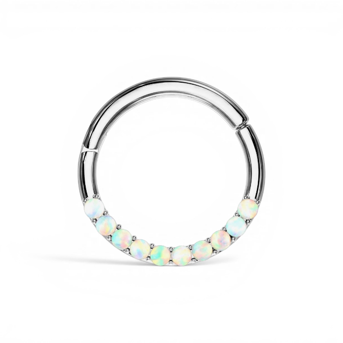 White gold hinged piercing hoop with row of faux opals