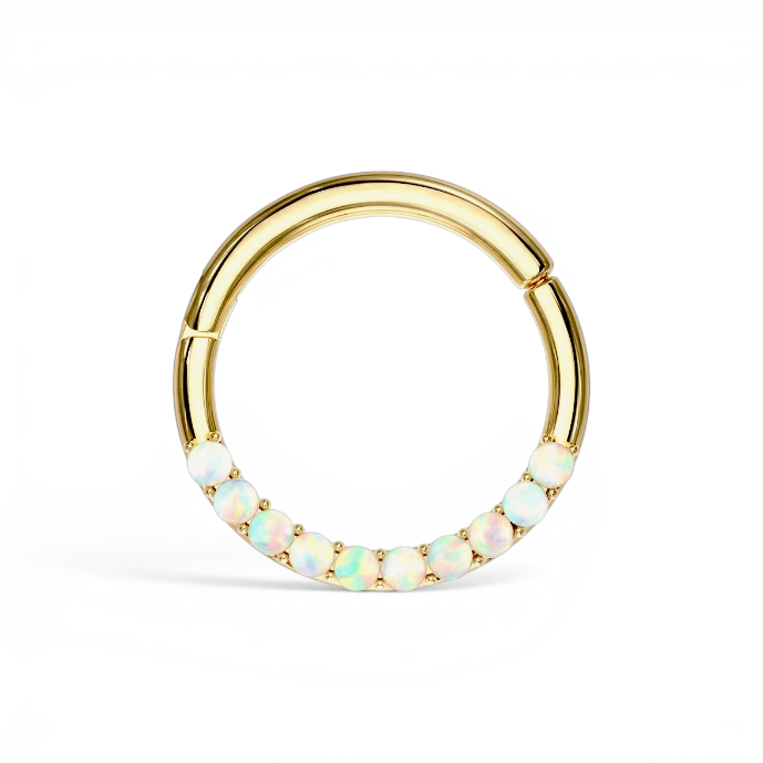 Yellow gold hinged piercing hoop with row of faux opals