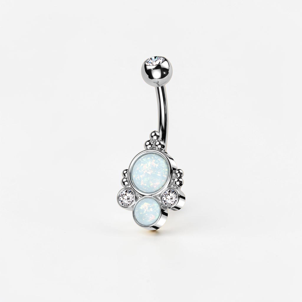 Silver belly button ring with faux opal, iridescent navel piercing jewelry