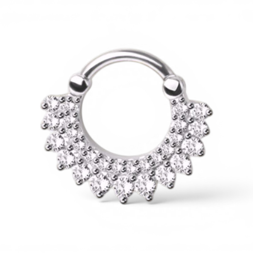 Silver hinged piercing hoop with dramatic fan of CZ stones