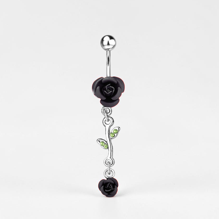 Belly button ring with black rose and green gemstone design on a white background