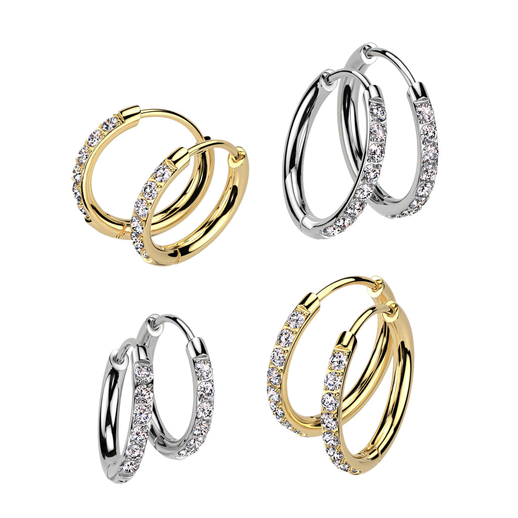 Silver & Gold Huggie Hoop Clicker Earrings with CZs across the front of hoop