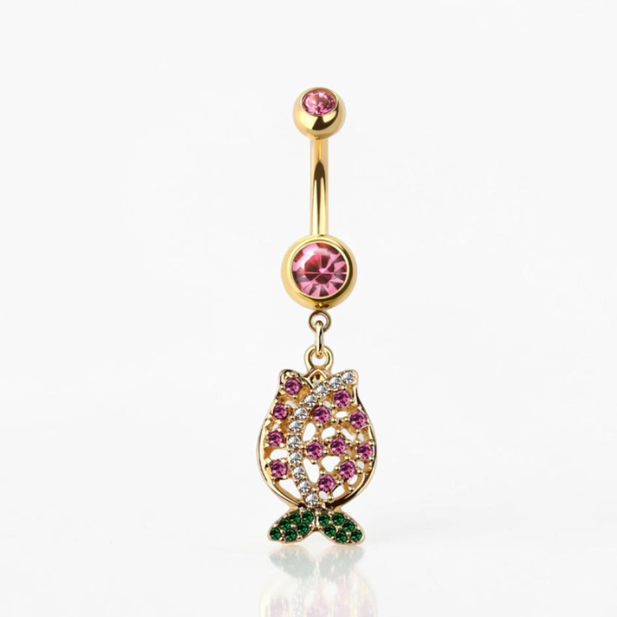 Gold tulip belly button ring with pink and green gemstones on a white background