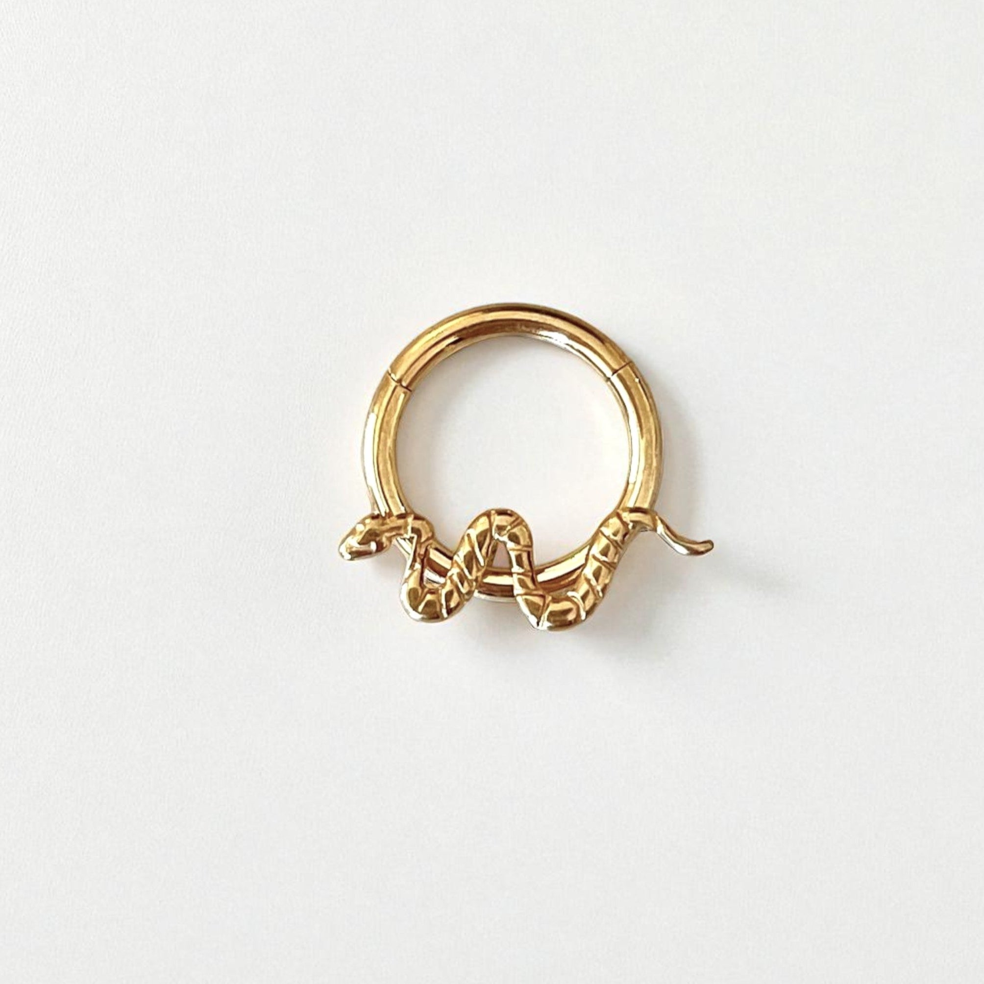 Gold nose ring with a snake design on a white background