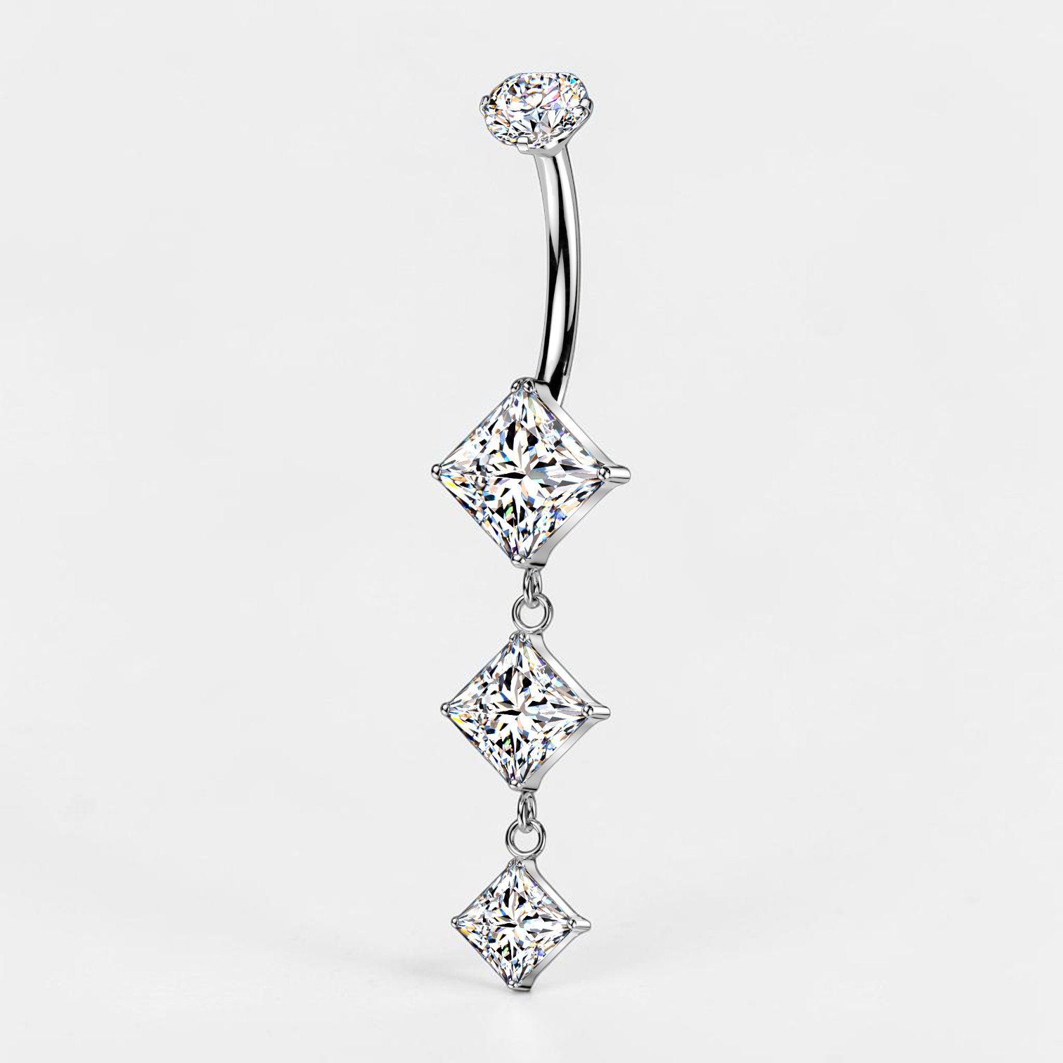 Titanium belly button ring with cascading geometric CZ drop and internally threaded design