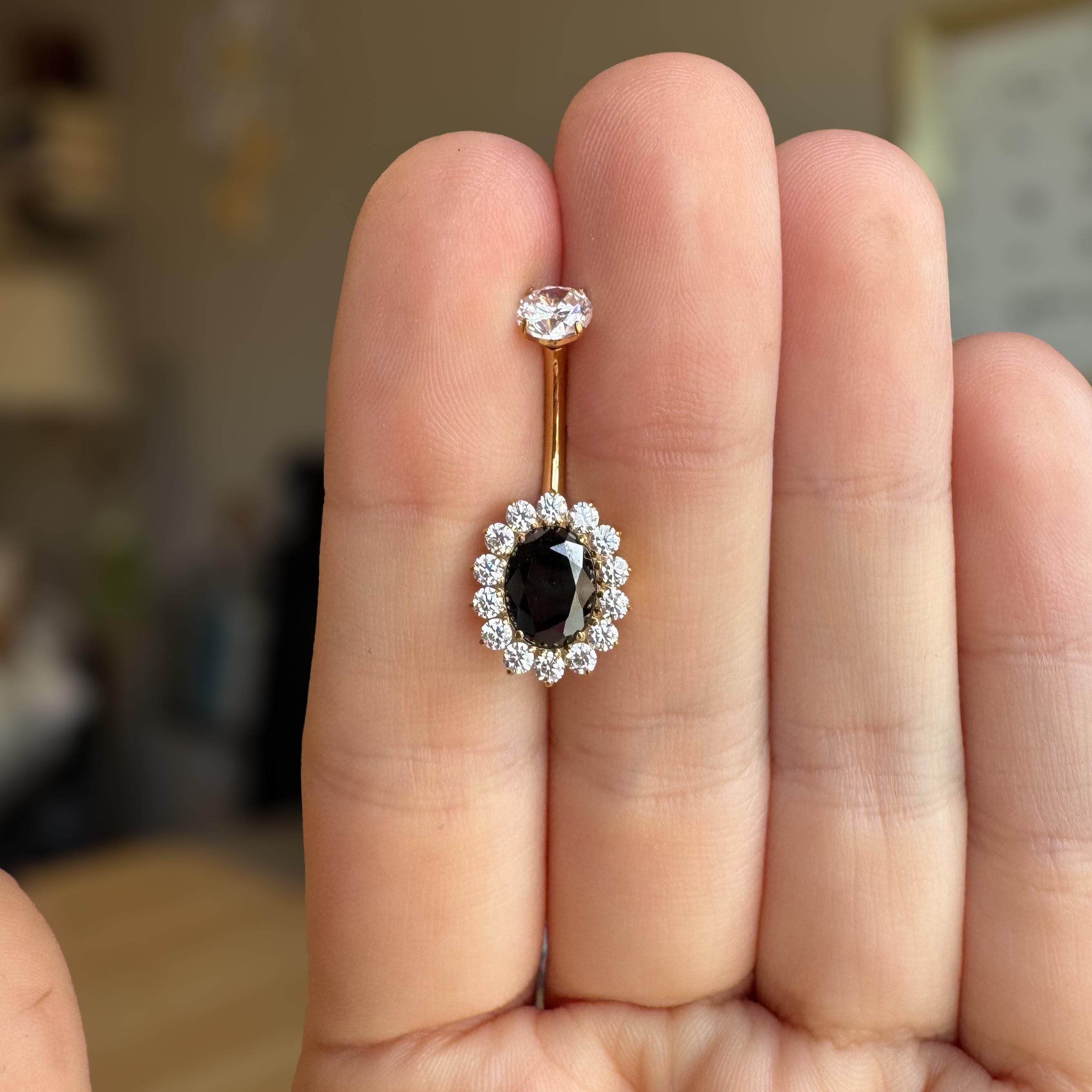 Amaris Halo Belly Button Ring-Belly Button Rings-Gold/Black CZs-Elara Body Jewelry