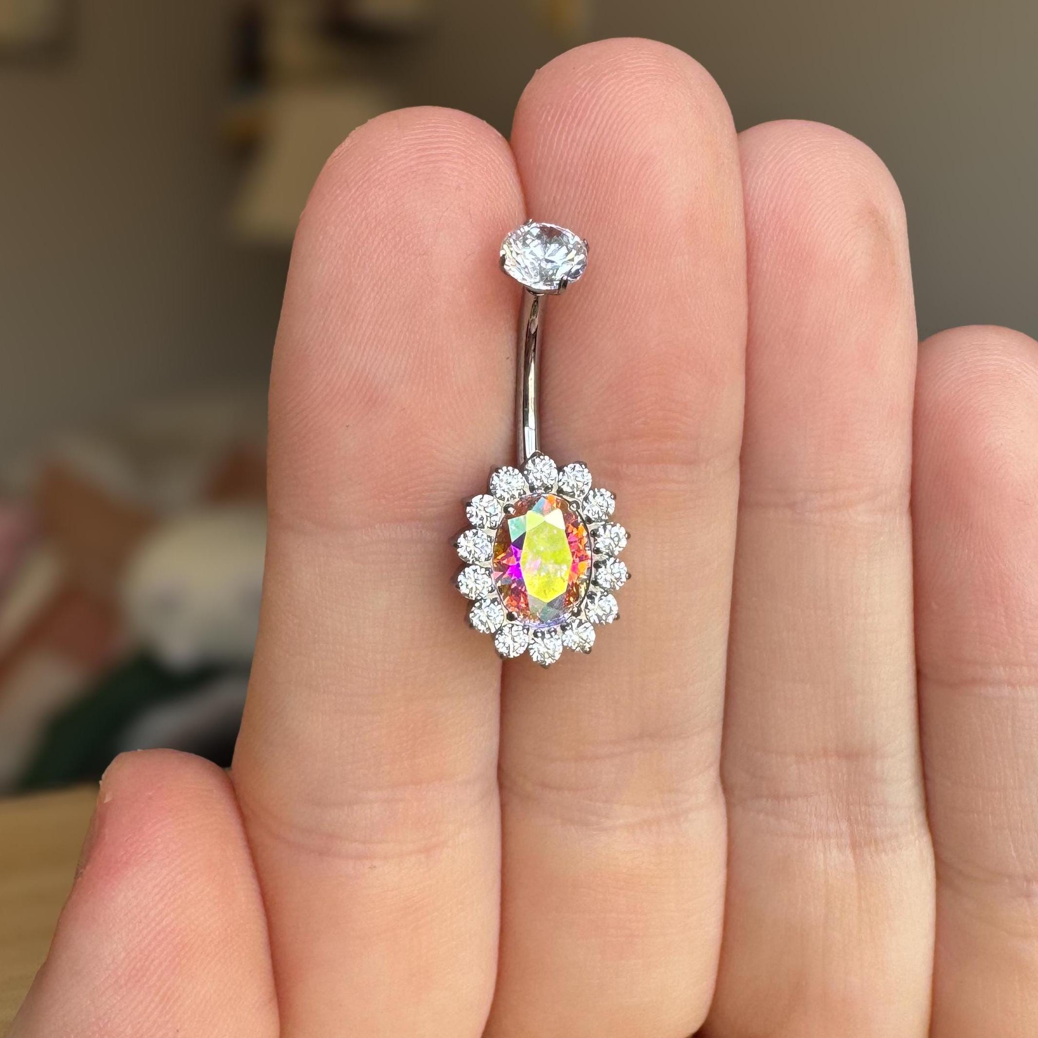 Amaris Halo Belly Button Ring-Belly Button Rings-Silver/Aurora CZs-Elara Body Jewelry