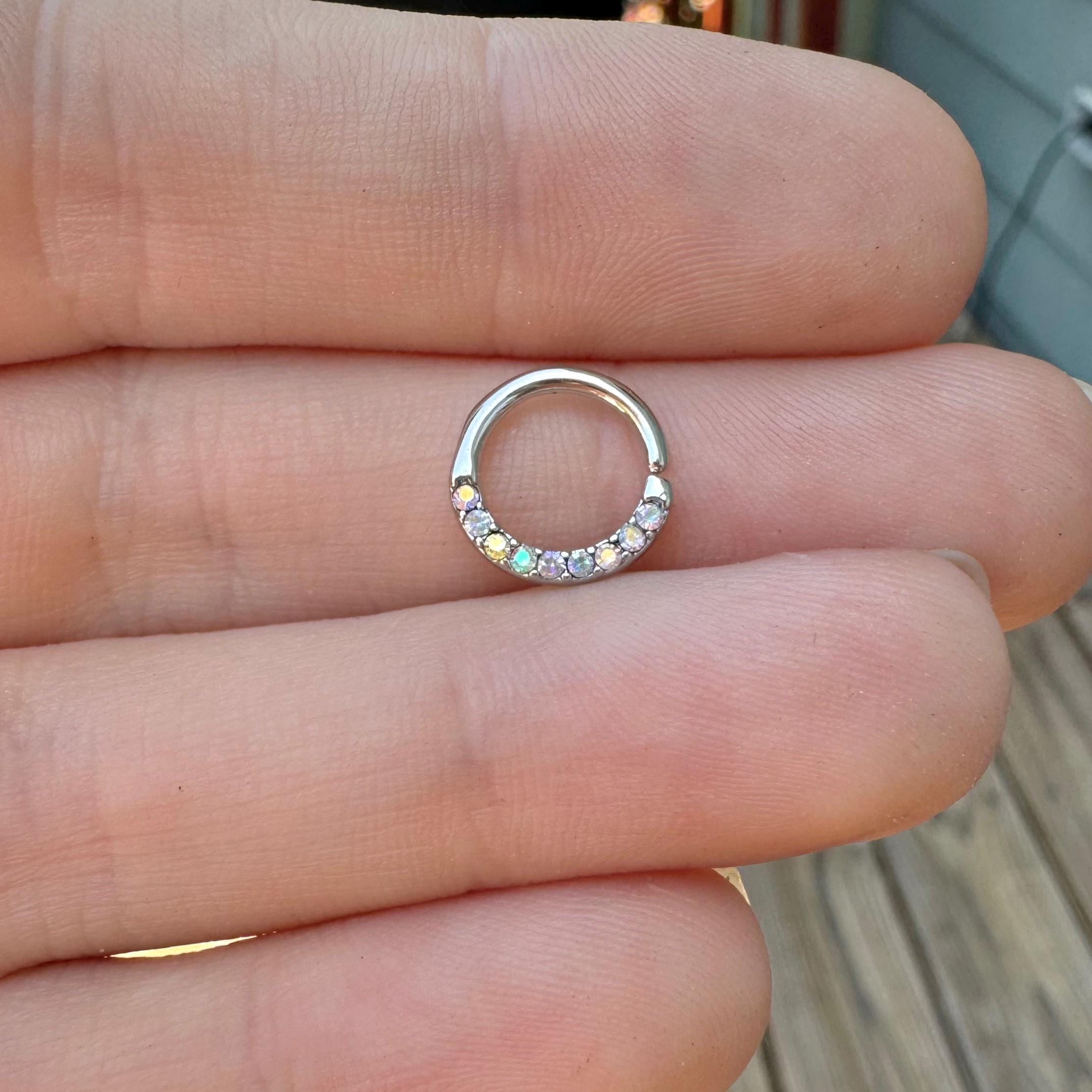 Gold Crystal Daith Earring-Daith Earring-Silver/Aurora CZs-Elara Body Jewelry